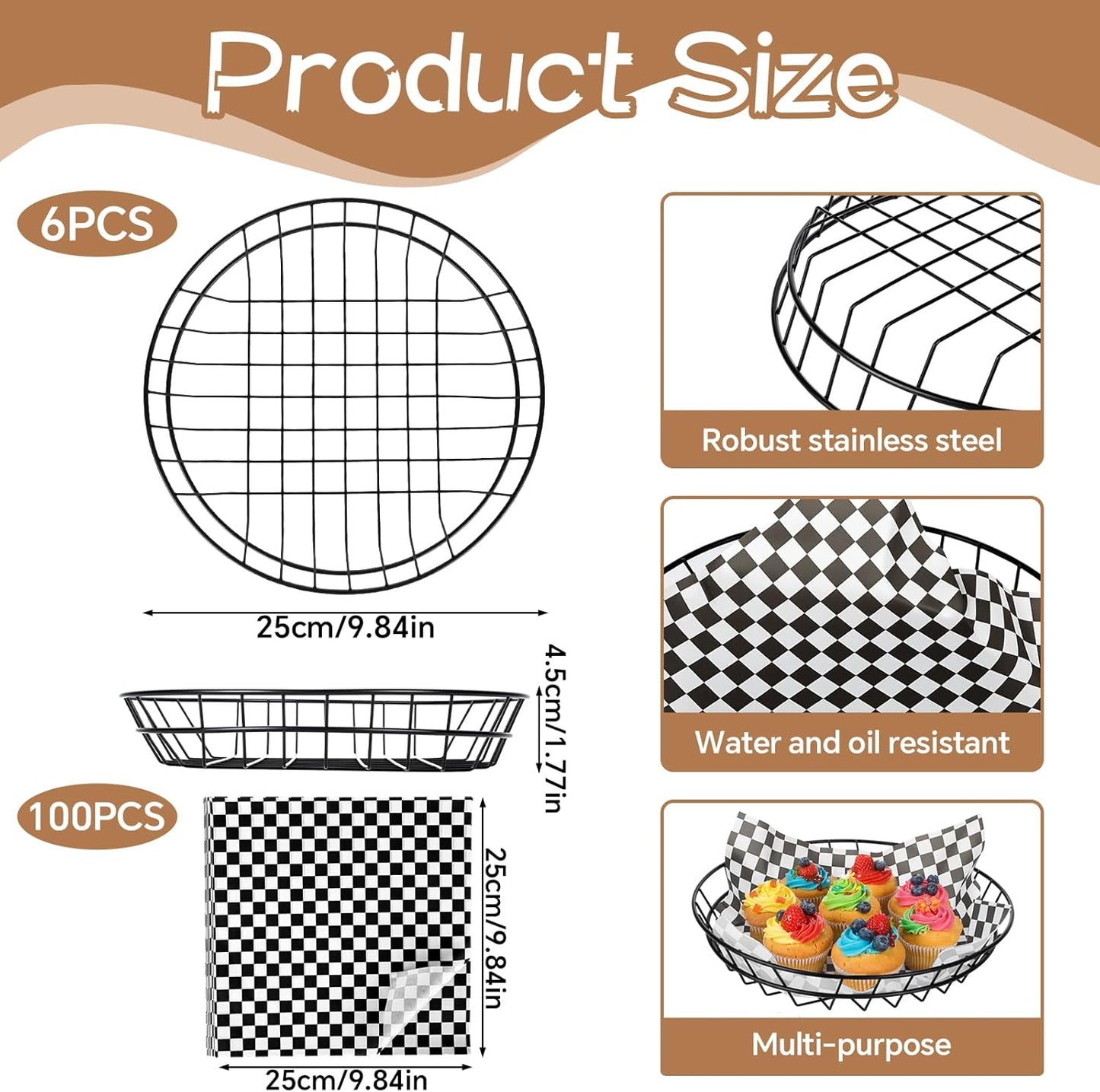 6 Pcs Large Round Metal Wire Bread Baskets 9.8x9.8x1.8 Inch Bread Serving Decorative Sandwich Container Christmas Party Fast Food Basket for Fruit Burger Kitchen Restaurant