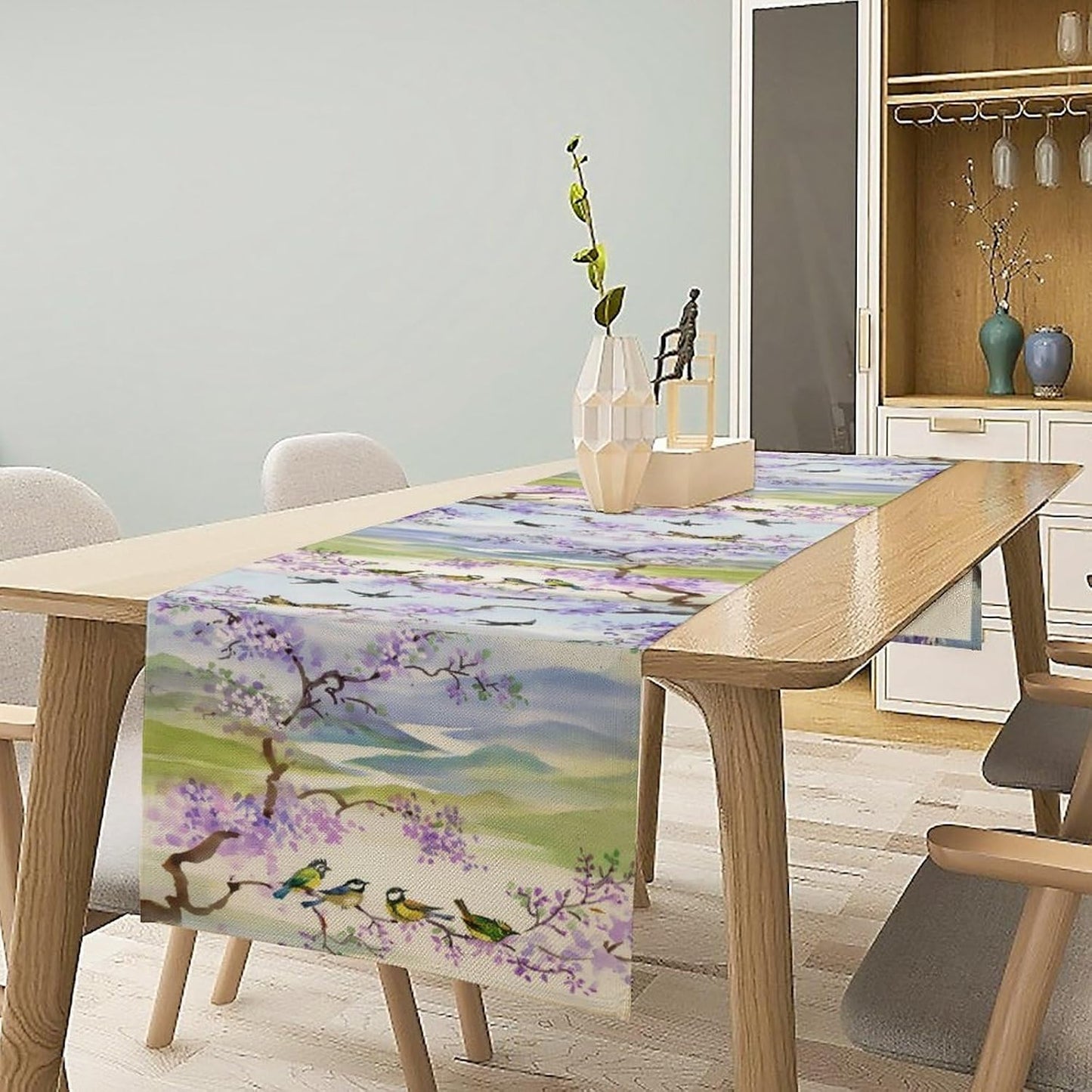 Watercolor Bird Landscape Table Runner, Chinoiserie Vintage Asian Landscape Mountain Spring Purple Table Runner for Kitchen Dining Table Decoration for Home Party 13x108 Inch