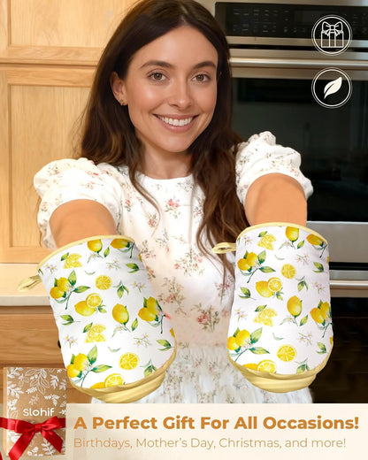 Slohif Lemon Mini Oven Mitts Set – Yellow Extended Short Heat Resistant Kitchen Gloves for Women, 100% Cotton Oven Mitts with Silicone Grips, Non-Slip and Thick Durable for Cooking & Baking