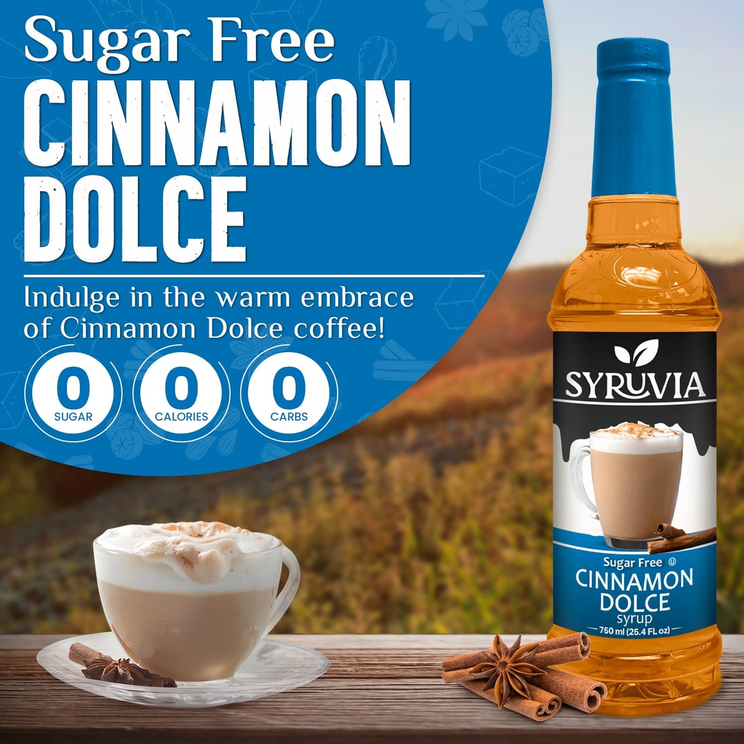Syruvia Sugar Free Coffee Syrup, Cinnamon Dolce Flavored Syrup for Drinks, Lattes, and Desserts – 25.4 fl oz