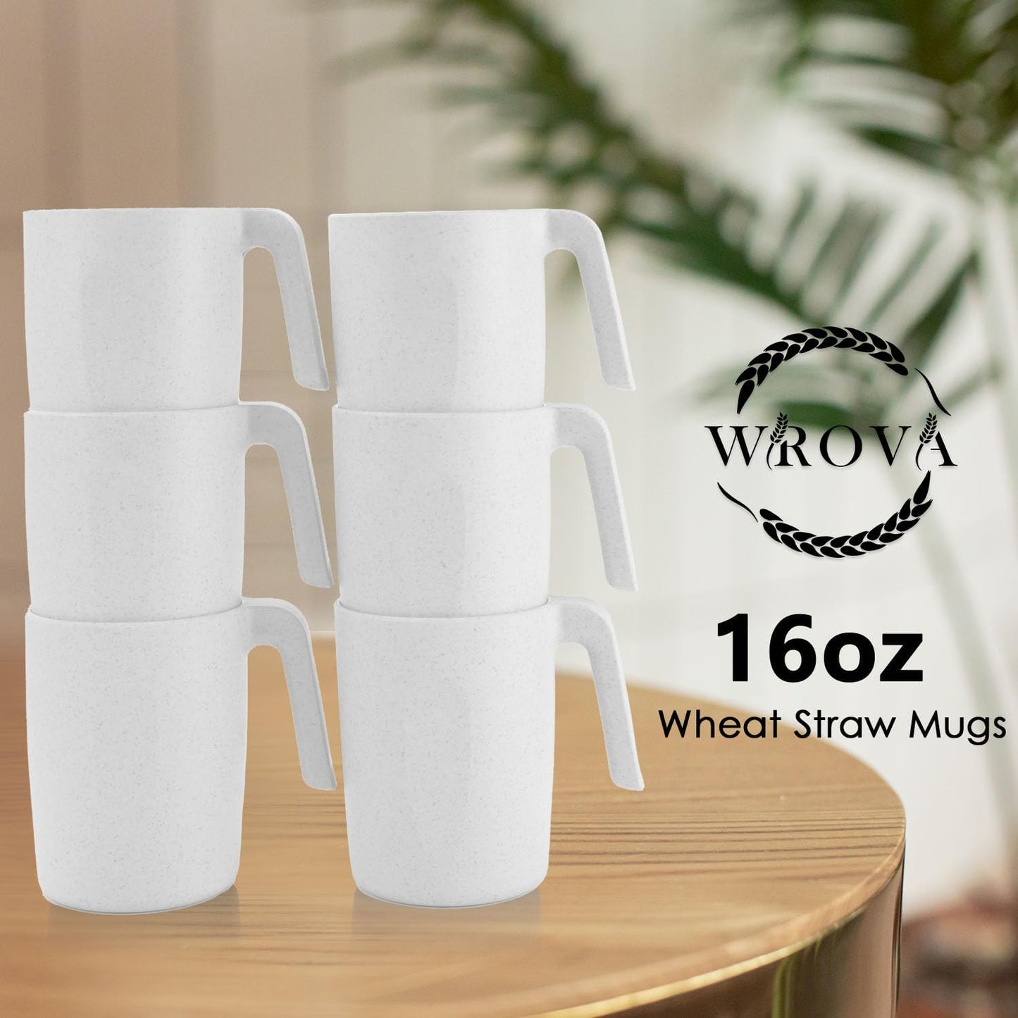 Wrova Wheat Straw Cups with Handles 16oz -Plastic Cups Reusable Set of 6-Unbreakable Coffee Mugs- Microwave & Dishwasher Safe Mug-Ideal Plastic Mugs for Tea,Coffee,Camping,RV-White