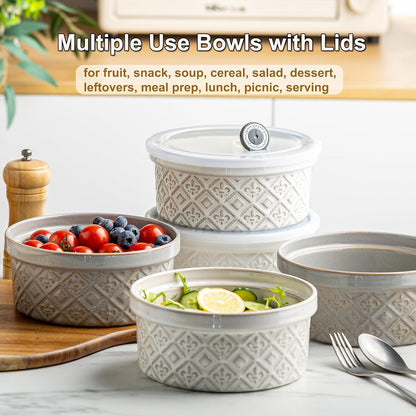 28 Oz Cereal Bowls Set with Lids, Ceramic Salad Bowls for Kitchen, Preparing, Camping, Office Lunch, 6 Inch Kitchen Food Storage Containers with Airtight Lids set of 4, Housewarming Present, Beige