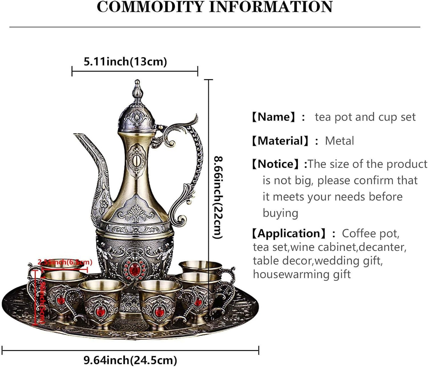 Vintage Turkish Coffee Pot and Cups Set,Tea Service Set Including Teapot,Tea Tray and Metal Cups for Wine Cabinet Decor,Wedding Ornaments (Bronze with Red Crystal)