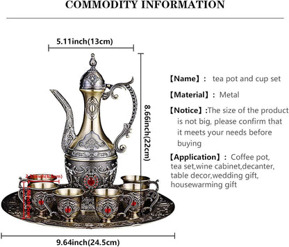 Vintage Turkish Coffee Pot and Cups Set,Tea Service Set Including Teapot,Tea Tray and Metal Cups for Wine Cabinet Decor,Wedding Ornaments (Bronze with Red Crystal)