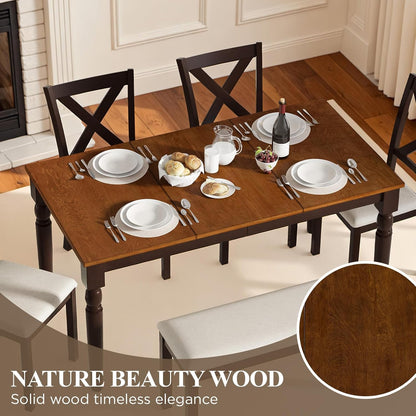 6-Piece Solid Wood Dining Table Set, Upholstered Chair w/Bench Seat, Seating for 6, 60'' Farmhouse Wood Kitchen Chairs Set for Living Room, Dining Room, Brown & Black Finish