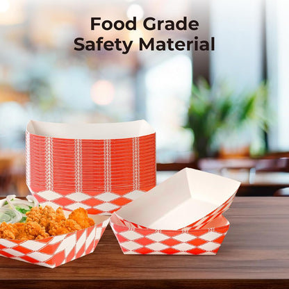 Fit Meal Prep [250 Pack 2 lb Paper Food Boats Heavy Duty Disposable Food Trays, Red Check Nacho Tray for Parties Fairs Picnics Carnivals Holds Tacos Nachos Fries Hot Dogs Grease Resistant