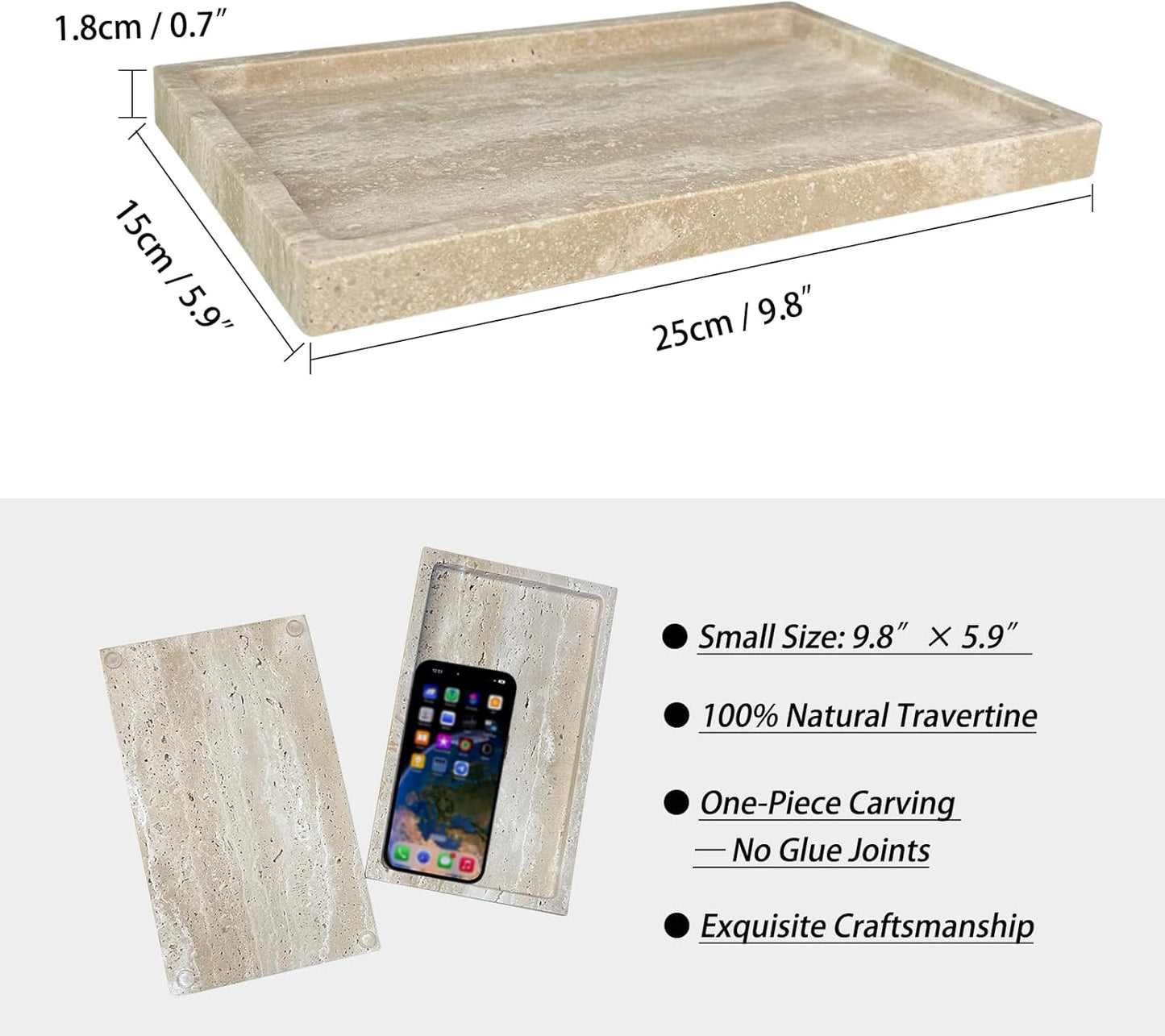 Natural Travertine Stone Perfume Tray, 9.8"x5.9" Marble Vanity Tray for Bathroom/Kitchen/Coffee Table