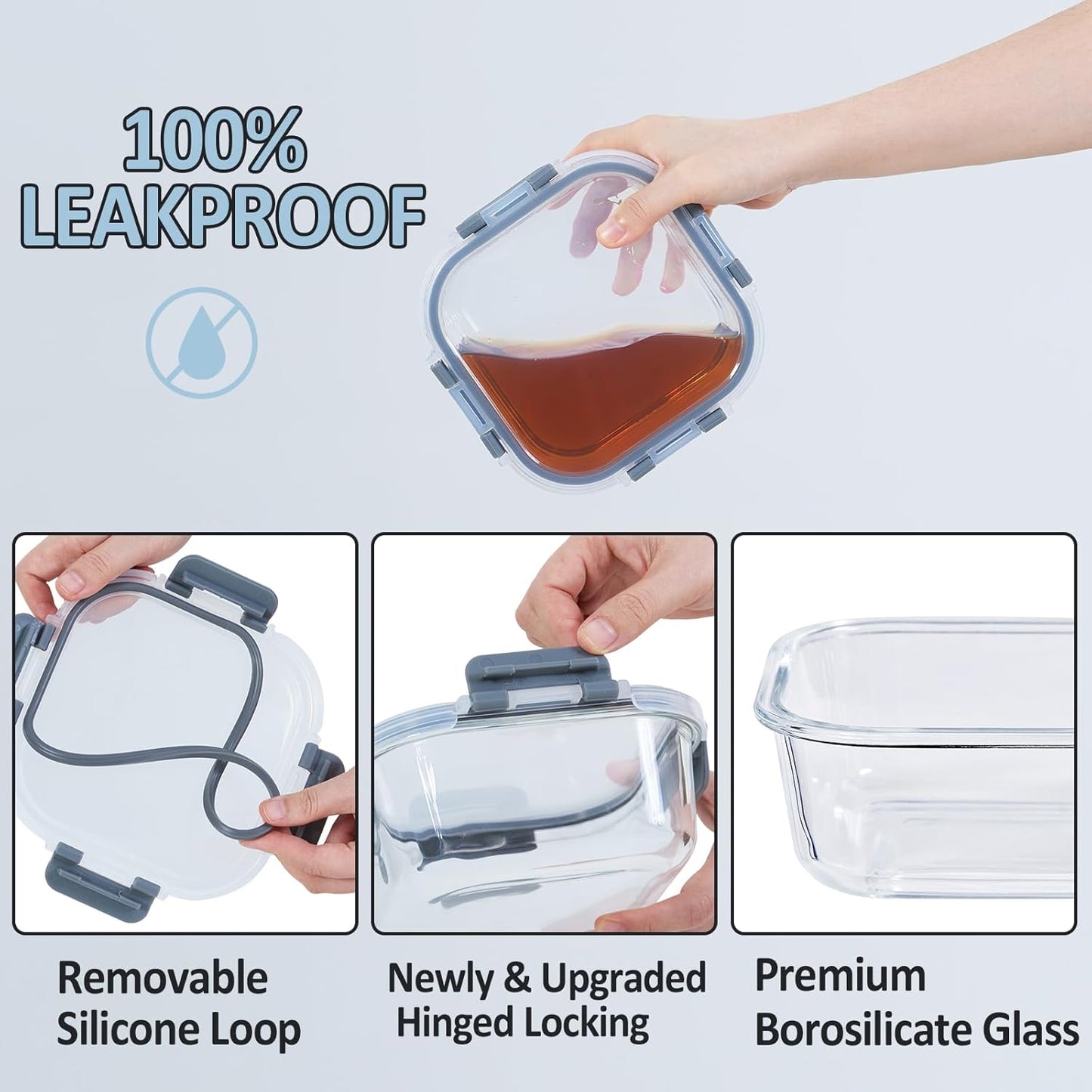 Glass Food Storage Containers with Lids, 4 Pack, Airtight, Leak Proof, BPA Free, Oven/Dishwasher Safe, Grey