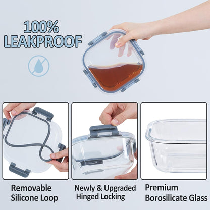 Glass Food Storage Containers with Lids, 4 Pack, Airtight, Leak Proof, BPA Free, Oven/Dishwasher Safe, Grey