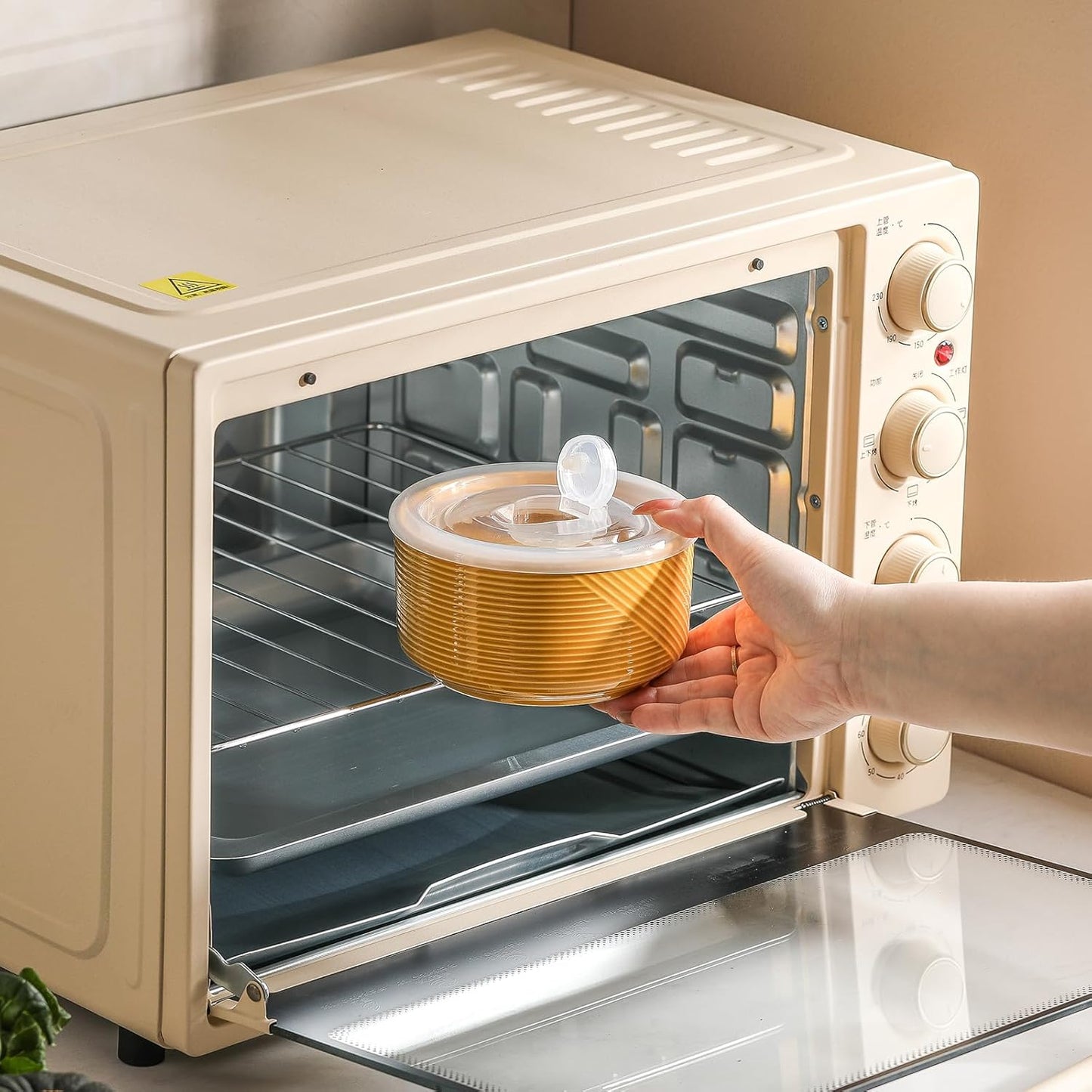 Ceramic Bowls with Lids: 20 oz Microwave Safe Food Storage Containers for Soup, Salad, Cereal, Leftovers, Meal Prep, Lunch, Picnic, Camping, Serving - Airtight, Yellow, Set of 4