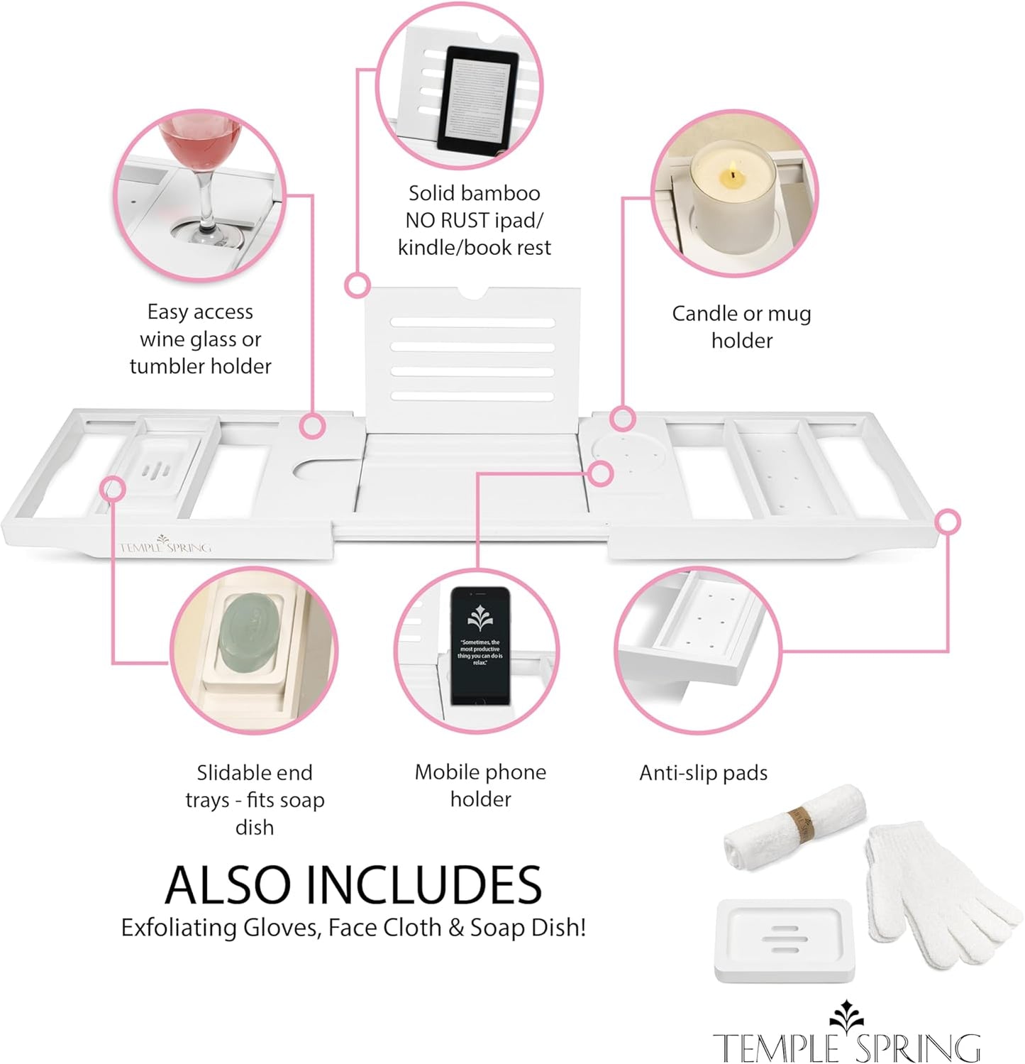 Temple Spring Wooden Bathtub Tray, Bamboo Bathroom Accessories, Bath Tray for Tub, at Home Spa Essentials, Board for Tub Table, Bath Caddy for Bathtub Accessories & Bathroom Essentials – White