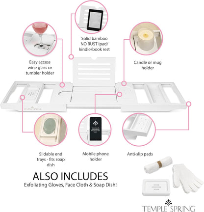 Temple Spring Wooden Bathtub Tray, Bamboo Bathroom Accessories, Bath Tray for Tub, at Home Spa Essentials, Board for Tub Table, Bath Caddy for Bathtub Accessories & Bathroom Essentials – White