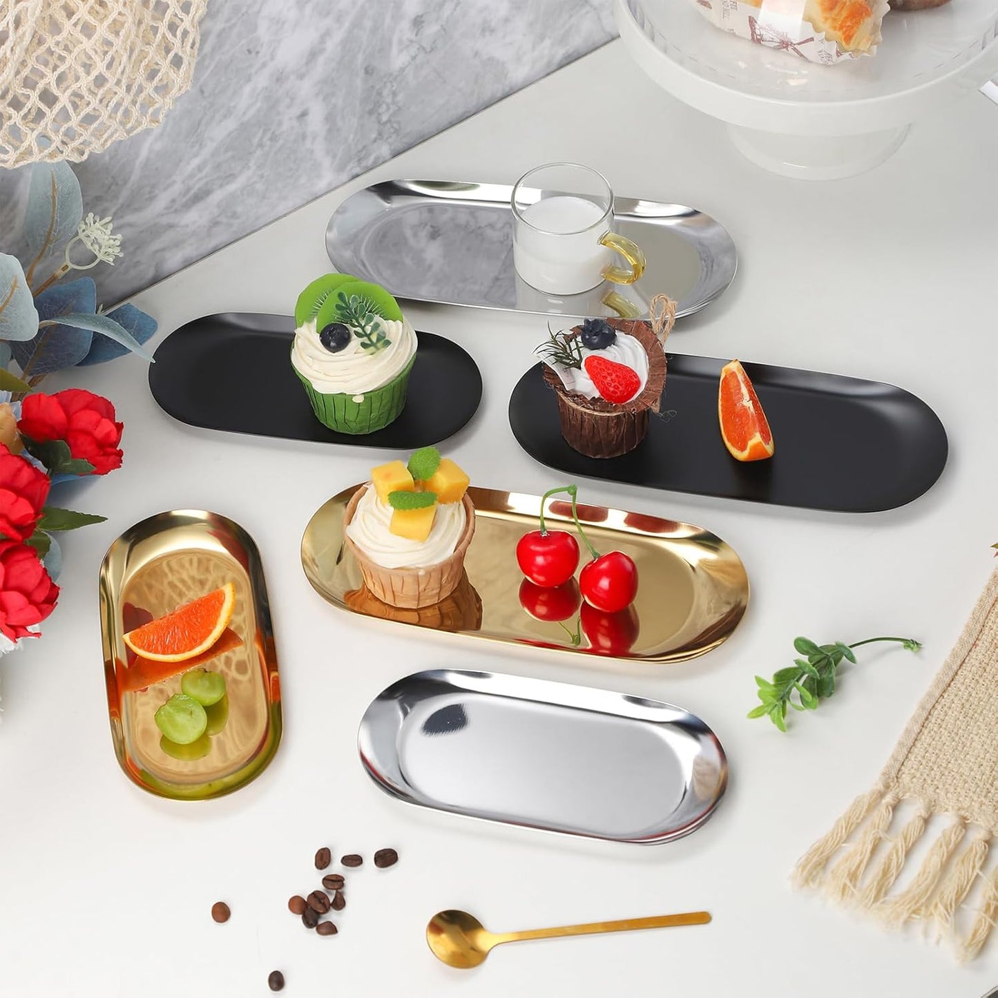 IBWell 2 pcs Black Decorative Serving Tray for Bathroom, 7" Long Small Jewelry Bowl Dish