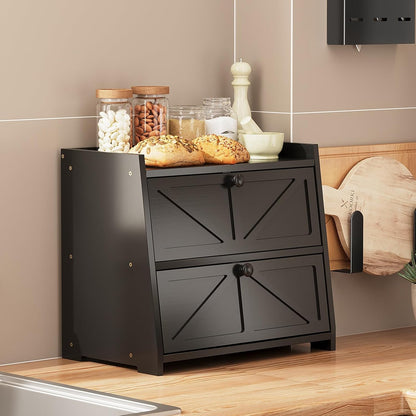 Vintage Double Layer Bread Box for Kitchen Counter Bamboo Bread Storage Container Large Capacity Bread Storage Bin (Black)