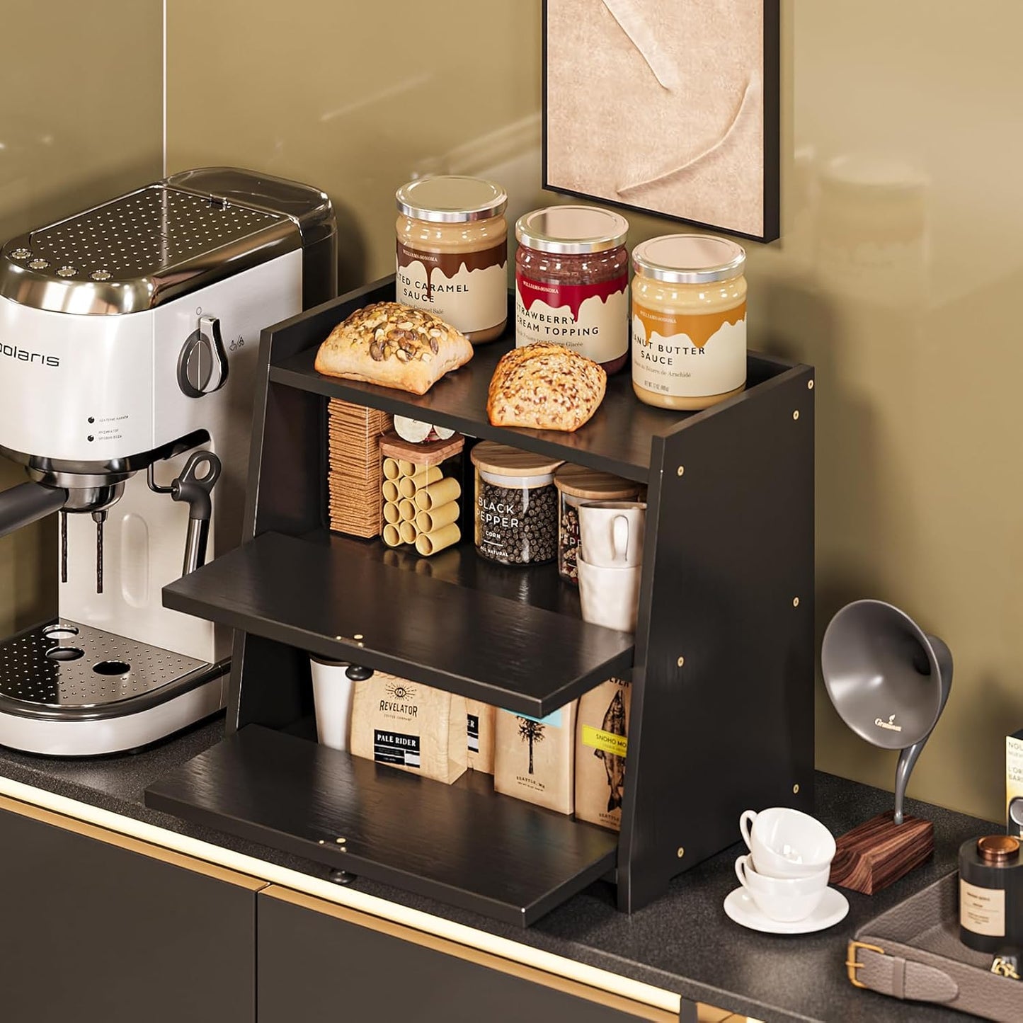 Vintage Double Layer Bread Box for Kitchen Counter Bamboo Bread Storage Container Large Capacity Bread Storage Bin (Black)