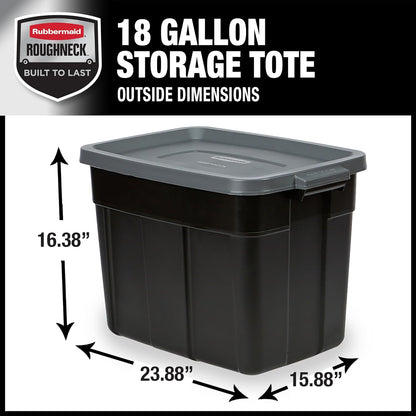 Rubbermaid 18 GAL 6 Pack Garage Storage Bins with Stackable Lid, Heavy Duty - Made in USA - Extreme Temperature Resistant, Durable Plastic Containers with Handles - Solid Black and Grey