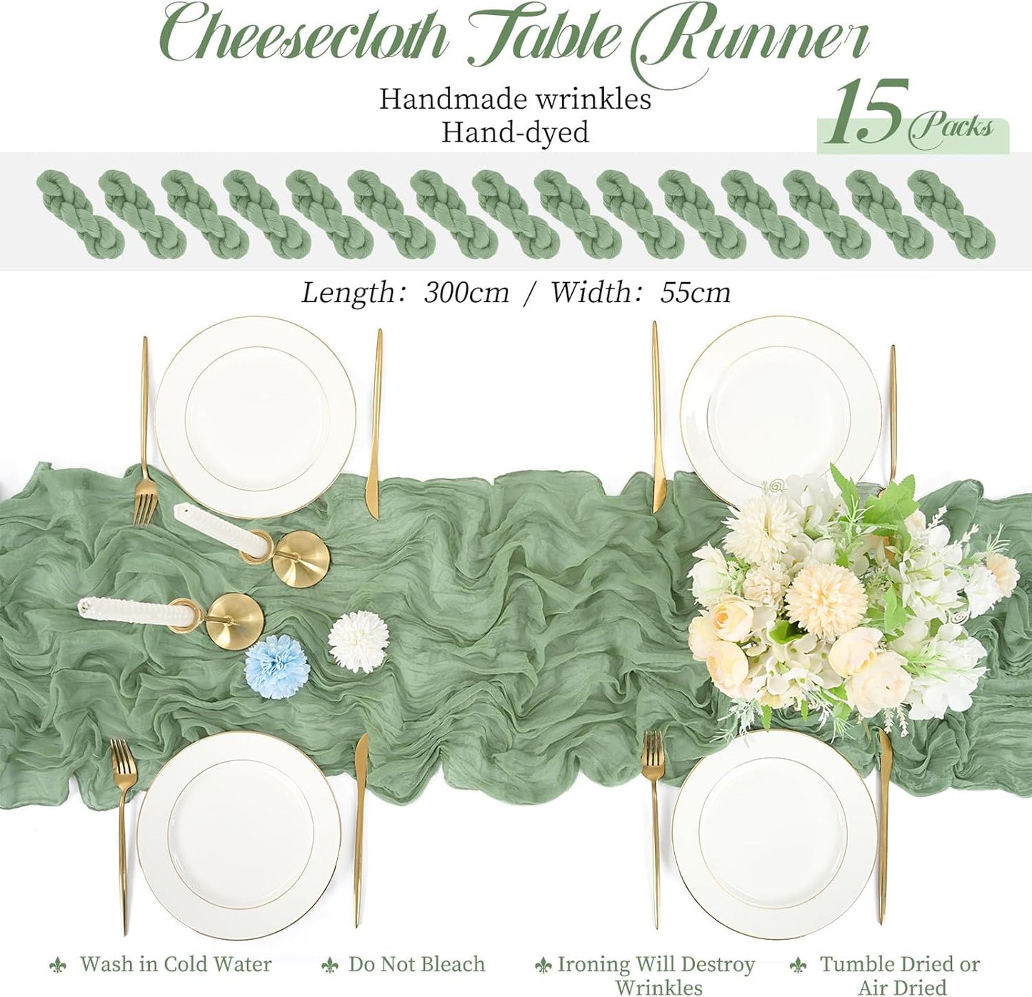 15 Packs Sage Green Cheesecloth Table Runner, 10 Ft Sage Rustic Gauze Boho Wedding Table Runner Decoration, Wedding Table Decor Table Cloth for Wedding Party Bridal Shower Table,21.5x120in