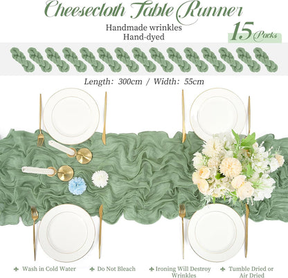 15 Packs Sage Green Cheesecloth Table Runner, 10 Ft Sage Rustic Gauze Boho Wedding Table Runner Decoration, Wedding Table Decor Table Cloth for Wedding Party Bridal Shower Table,21.5x120in