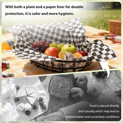 CNQLIS 12 Pcs Wire Bread Baskets with 100 Deli Wrapper Paper, 9.5x6.2x2.2 Inch Oval Metal Dinner Roll Baskets for Restaurants, BBQ, Picnics, Parties (Black)