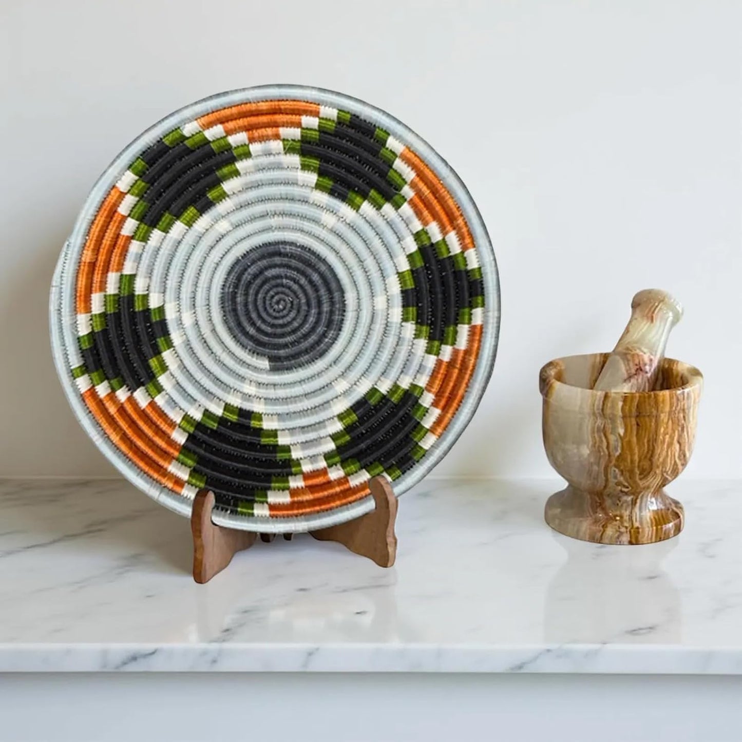 Handwoven African Basket Handmade sisal Fruit Bowl Wall Hanging decorative Baskets for Home Living Room Kitchen Centerpiece Zen Designs Arts and Crafts (Teal Slate Black, 10in diameter)