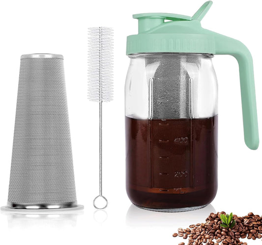 Cold Brew Coffee Maker,32 oz Mason Jar Pitcher with Stainless Steel Filter, Pour Spout Handle Lid, Heavy Duty Glass Airtight & Leak-Proof for Iced Coffee Tea Breastmilk Lemonade-Green