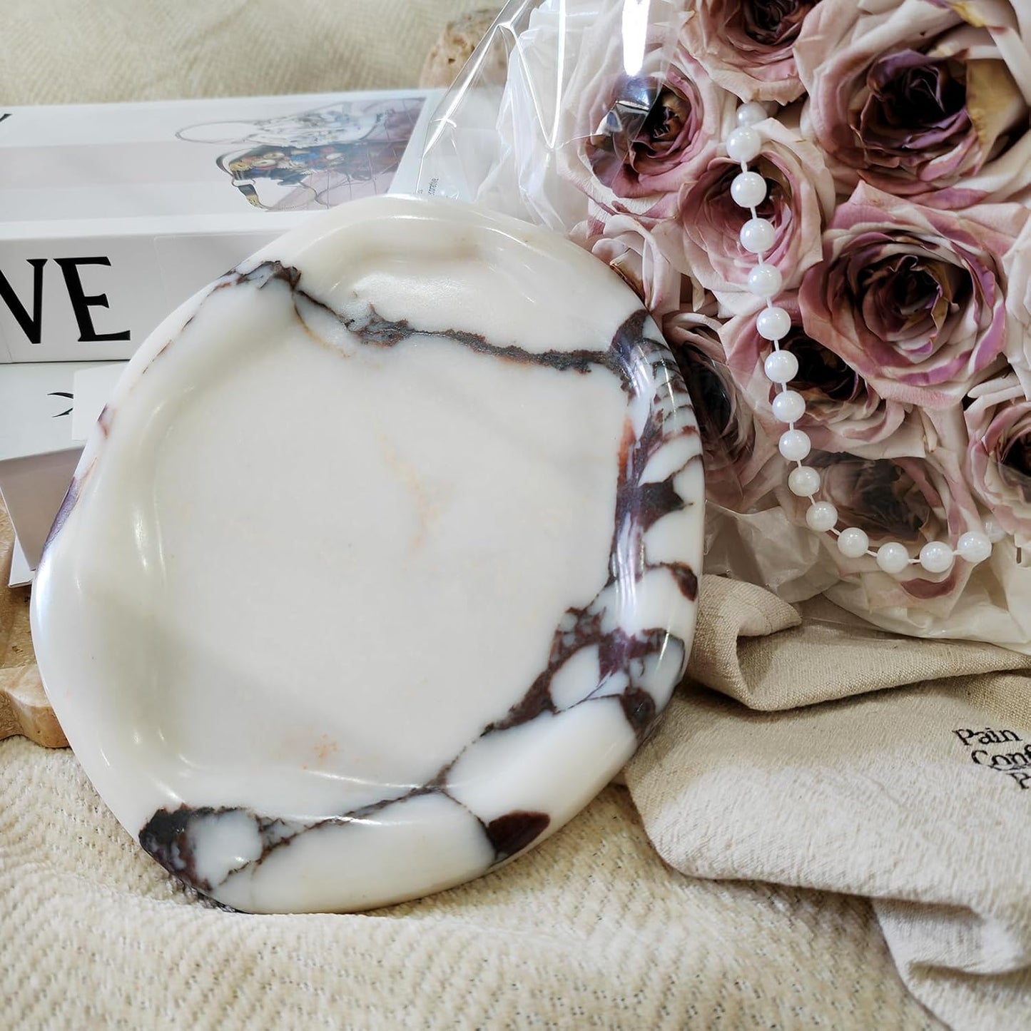 Marble Tray for Jewelry, Food and Daily Items, Irregular Stone Sculpture, Suitable for Home Decor Storage Tray Vanity/Dresser Non-Resin/Non-Ceramic (yuanduo-baoge)