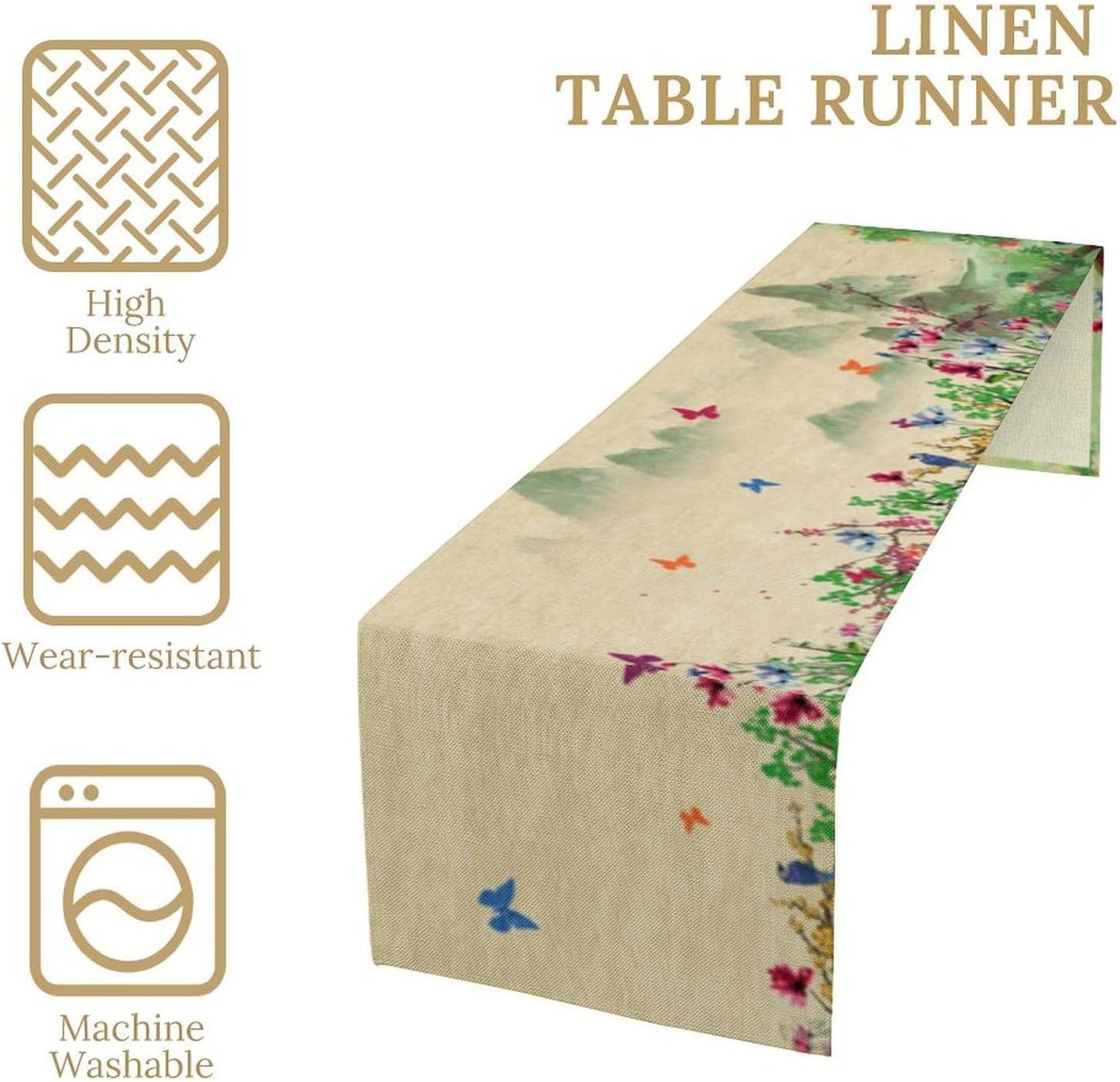 Butterfly Table Runner, Landscape Ancient Chinese Mountain Fall Seasonal Flowers Plants Trees Table Runner for Kitchen Home Party Dining Table Decor 13x90 Inch