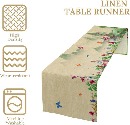 Butterfly Table Runner, Landscape Ancient Chinese Mountain Fall Seasonal Flowers Plants Trees Table Runner for Kitchen Home Party Dining Table Decor 13x108 Inch