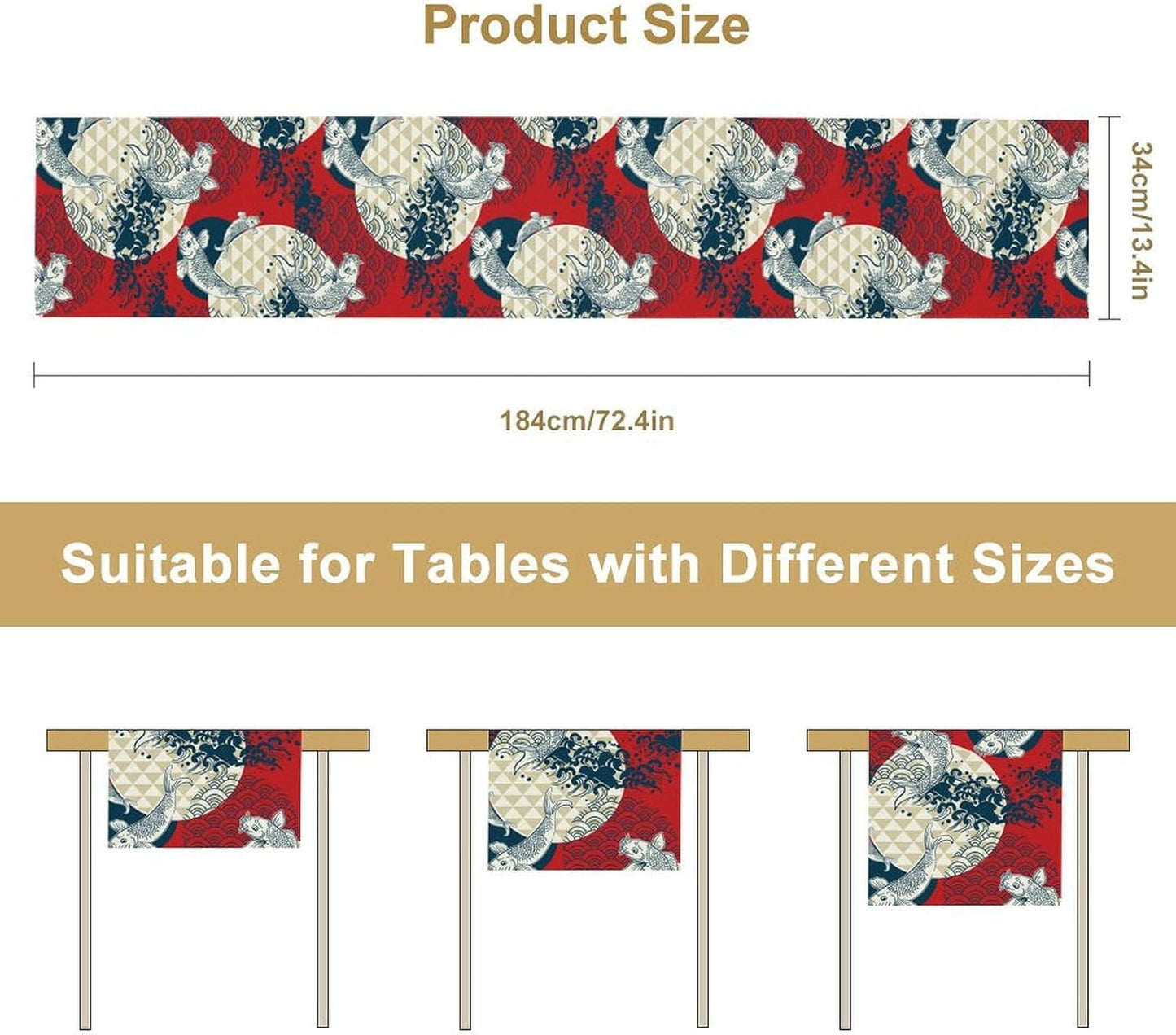 Japanese Kio Fish Table Runner, Line Art Colorful Janan Style Oriental Table Runner for Kitchen Study Living Room Home Bedroom, Red and Blue, 13x108 Inch