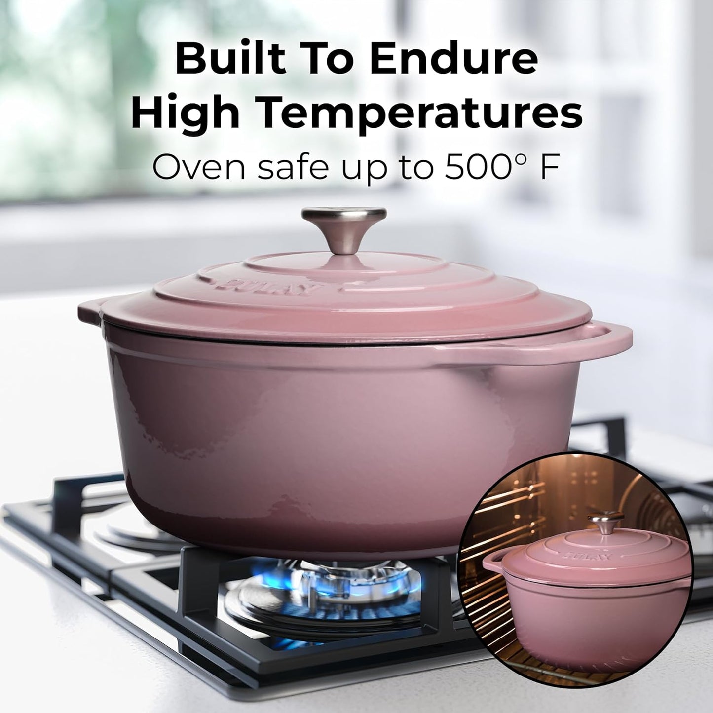 Zulay Kitchen 6 Quart Enameled Cast Iron Dutch Oven Pot with Lid – Premium Durability & Oven Safe up to 500°F – Heavy Duty Cookware Perfect for Bread Baking, Stews, Braising & Roasting – Pink
