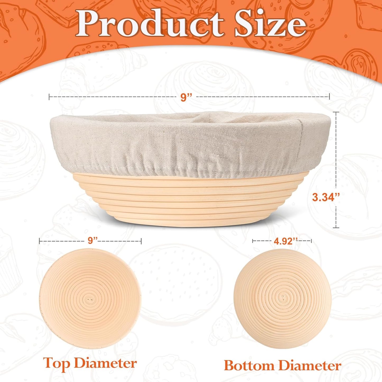 P&P CHEF Bread Proofing Baskets for Sourdough, 9 Inch Proofing Basket Set of 2, Dough Making Baskets, Ideal for Professionals and Beginner Baker, Handmade Rattan Basket with Cloth Liner, Round