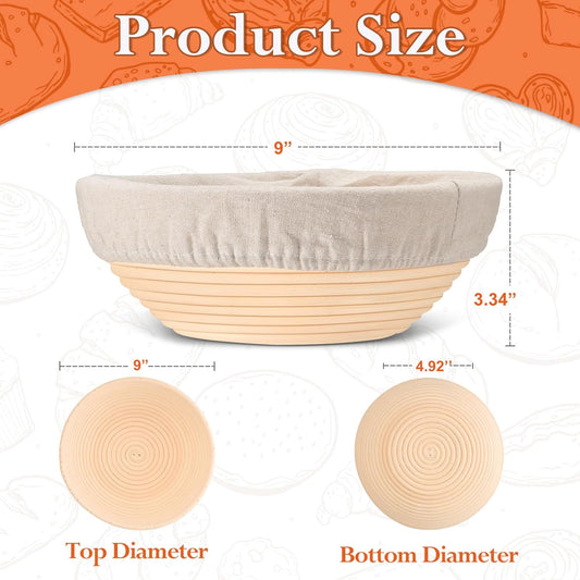 P&P CHEF Bread Proofing Baskets for Sourdough, 9 Inch Proofing Basket Set of 2, Dough Making Baskets, Ideal for Professionals and Beginner Baker, Handmade Rattan Basket with Cloth Liner, Round