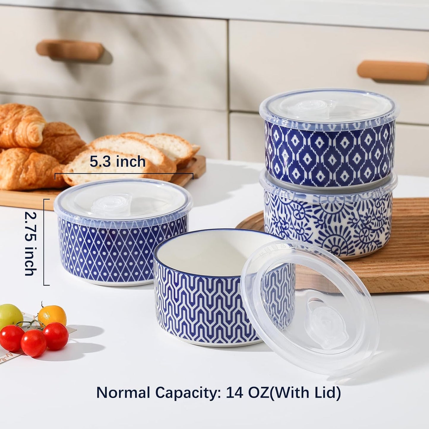 Selamica Ceramic Bowls with Lids,14 OZ Small Serving Bowls with Lids for Lunch Picnic Microwave Safe, 5 Inch Kitchen Food Storage Bowls Set of 4 for Prep, Salad, Pasta, Cereal, Vintage Blue