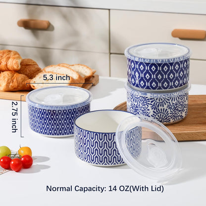 Selamica Ceramic Bowls with Lids,14 OZ Small Serving Bowls with Lids for Lunch Picnic Microwave Safe, 5 Inch Kitchen Food Storage Bowls Set of 4 for Prep, Salad, Pasta, Cereal, Vintage Blue