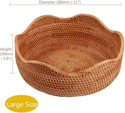 Handmade Rattan Round Fruit Basket Food Storage Organizer Snack Serving Tray Basket with 3' Deep Wall, Boho Decor Display Tray Bowl (3-Size Kit)