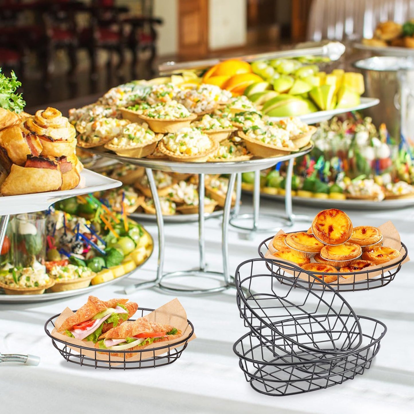 13 Pack Wire Bread Basket with 50 Sheets Deli Wrappers Paper, 9.65 x 6.1 x 2.17 Inch Metal Oval Bread Basket for Food & Fruit Serving – Durable Black Wire Baskets for Home & Kitchen