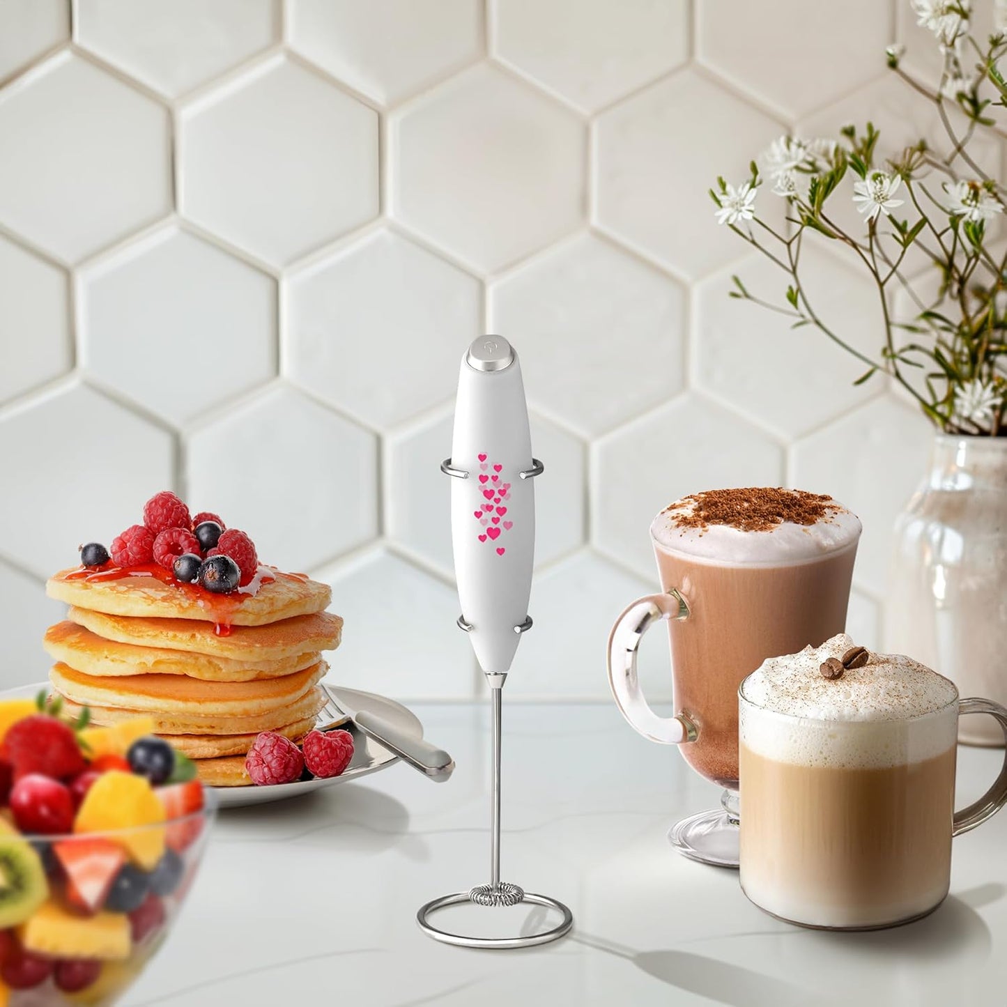 Zulay Kitchen Powerful Milk Frother Wand - Ultra Fast Handheld Drink Mixer - Electric Whisk Foam Maker for Coffee, Lattes, Cappuccino, Frappe, Matcha & Coffee Creamer - Milk Boss White with Hearts