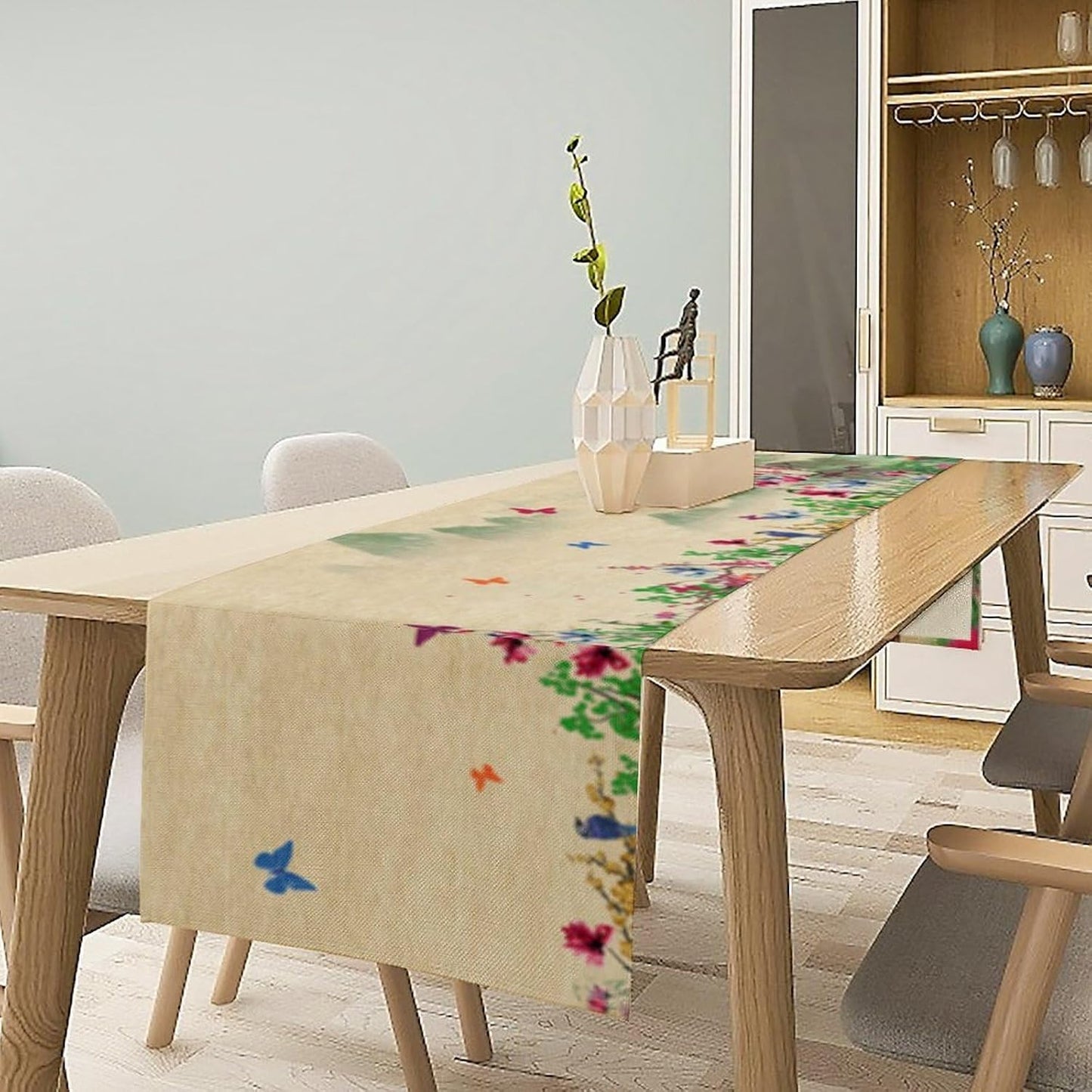 Butterfly Table Runner, Landscape Ancient Chinese Mountain Fall Seasonal Flowers Plants Trees Table Runner for Kitchen Home Party Dining Table Decor 13x90 Inch