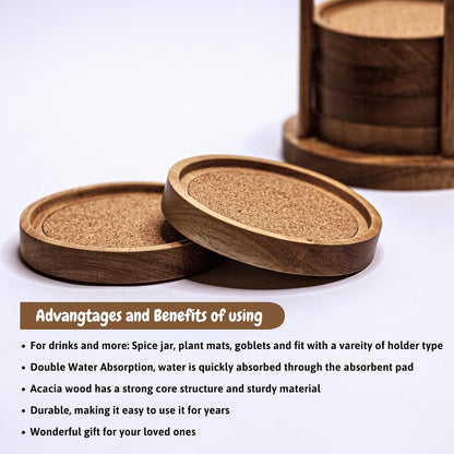 Wood Coasters for Drinks with Wooden Holder, Wooden Coaster with Cork for Tabletop Protection, Drink Coasters for Coffee Table, Desk, 4.13 Inch, Set of 6 (Rustic Coasters with Wooden Holder)