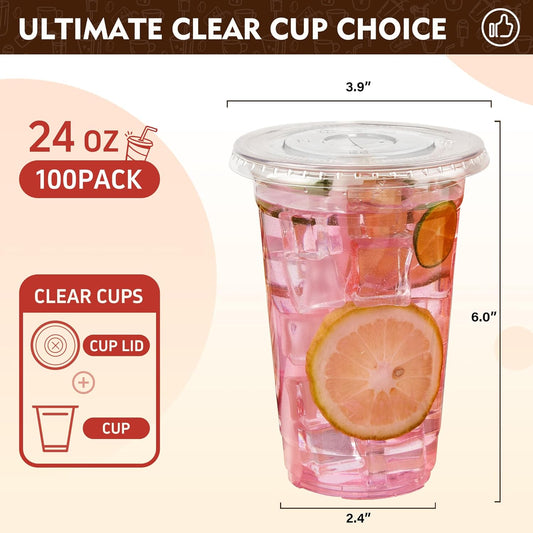 YEEHAW 24 oz. - 100 Pack Clear Plastic Cups With Lids, Disposable Iced Coffee Cups with Flat Lids, Crystal Smoothie Cup for Party, Lemonade Stand, Cold Drinks, Juice, Milkshake