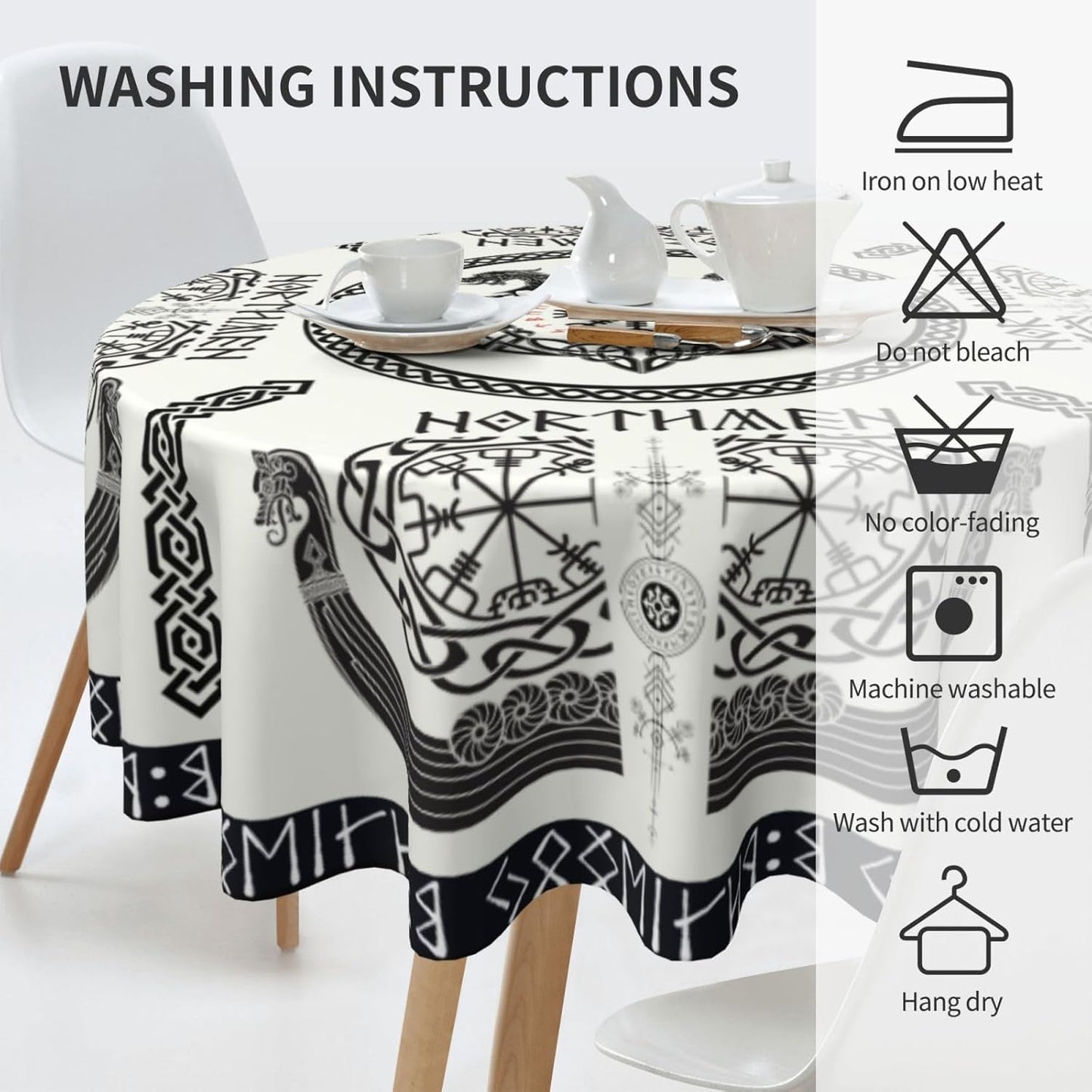 Norse Viking Tablecloth, Nordic Mythology Ancient Mythical Viking Ethnic Style Mythical Animal Water Resisitant Table Cover for Dining Kitchen Living Room Home Party Holiday Decor 60 inch Round