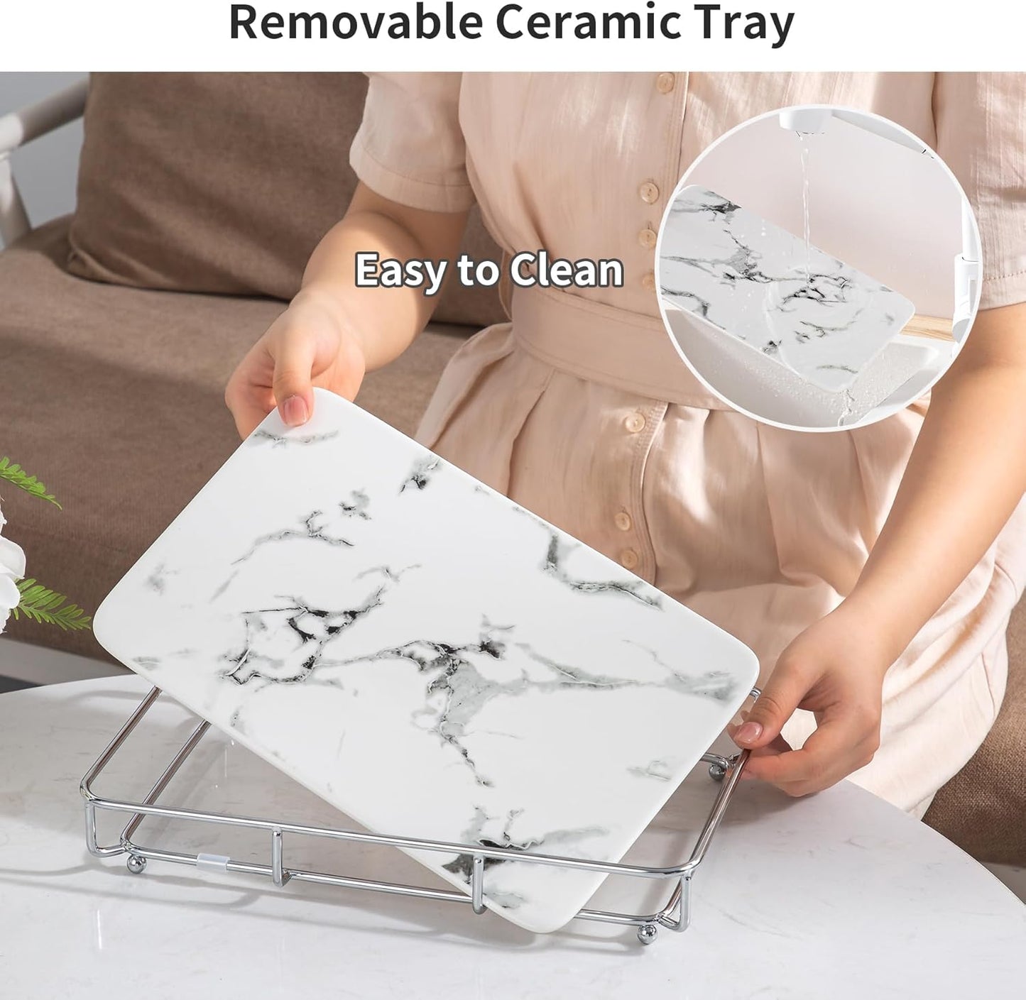 Vanity Tray Makeup Organizer Cosmetics Storage Bathroom Skincare Organizer Countertop Display Rack in Dresser Stainless Steel Shelf Marble Print Ceramic Trays