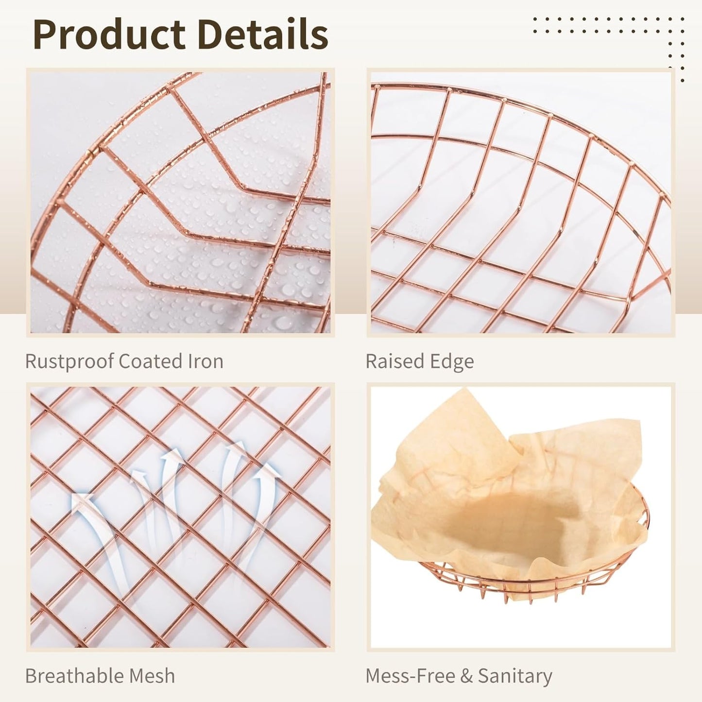 24 PCS Food Serving Wire Baskets, 9.8 x 9.8 x 1.8 Inch Wire Bread Baskets with 100 Sheets Deli Wrapper, Metal Snack Basket with Oil-Absorbing Paper for Restaurant Party