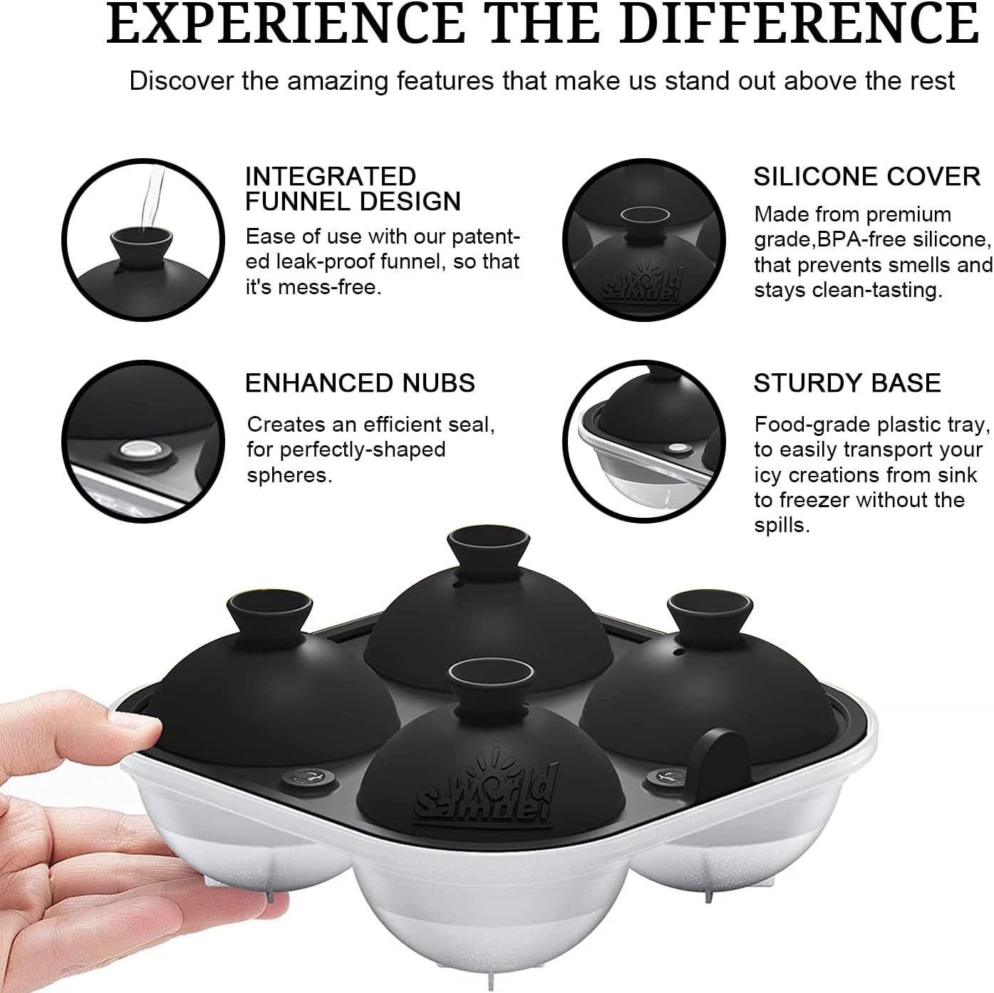 Samuelworld Premium Ice Tray Combo (3 Pack), Large Ice Sphere Maker & New Upgraded Ice Cube Trays, Food Grade, Easy To Use, Spill-Free Integrated Funnels, Whiskey Bourbon Cocktails, Black