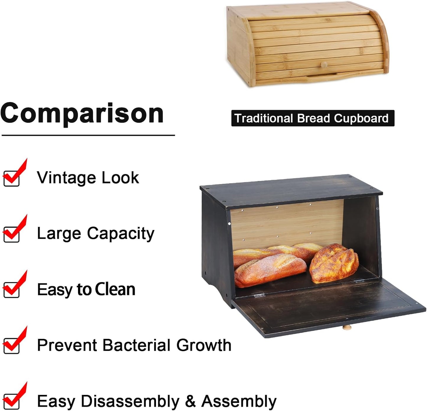 HOMEKOKO Large Wood Bread Box for Kitchen Counter, Retro Design Single Layer Bamboo Large Capacity Food Storage Bin (Vintage Black)