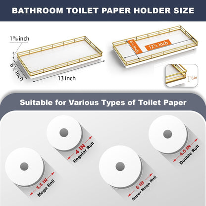 Bathroom Toilet Tank Tray, 13" Wood Toilet Paper Storage Basket Tray Back of Toilet Basket Organizer,Vanity Tray for Perfume Makeup Candle Decor, Gold & White