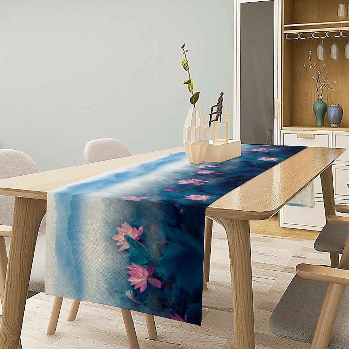 Chinoiserie Vintage Table Runner, Asian Landscape Mountain Fall Seasonal House Wash Lotus Trees Kitchen Dining Table Decoration for Home Party Decor 13x120 Inch