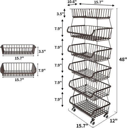 Miyawell Fruit Vegetable Storage Basket for Kitchen - 6 Tier Stackable Metal Wire Baskets Cart with Rolling Wheels Utility Fruits Rack Produce Snack Organizer Bins for Pantry Bathroom Laundry Bronze