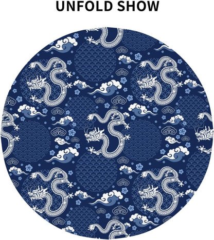 Japanese Tablecloth Round, Blue Traditional Zodiac Dragon Vintage Asian Style Oriental Water Resisitant Table Cover for Dining Kitchen Living Room Home Party Holiday Decor 60 inch Round