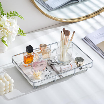 Vanity Tray Makeup Organizer Cosmetics Storage Bathroom Skincare Organizer Countertop Display Rack in Dresser Stainless Steel Shelf Marble Print Ceramic Trays